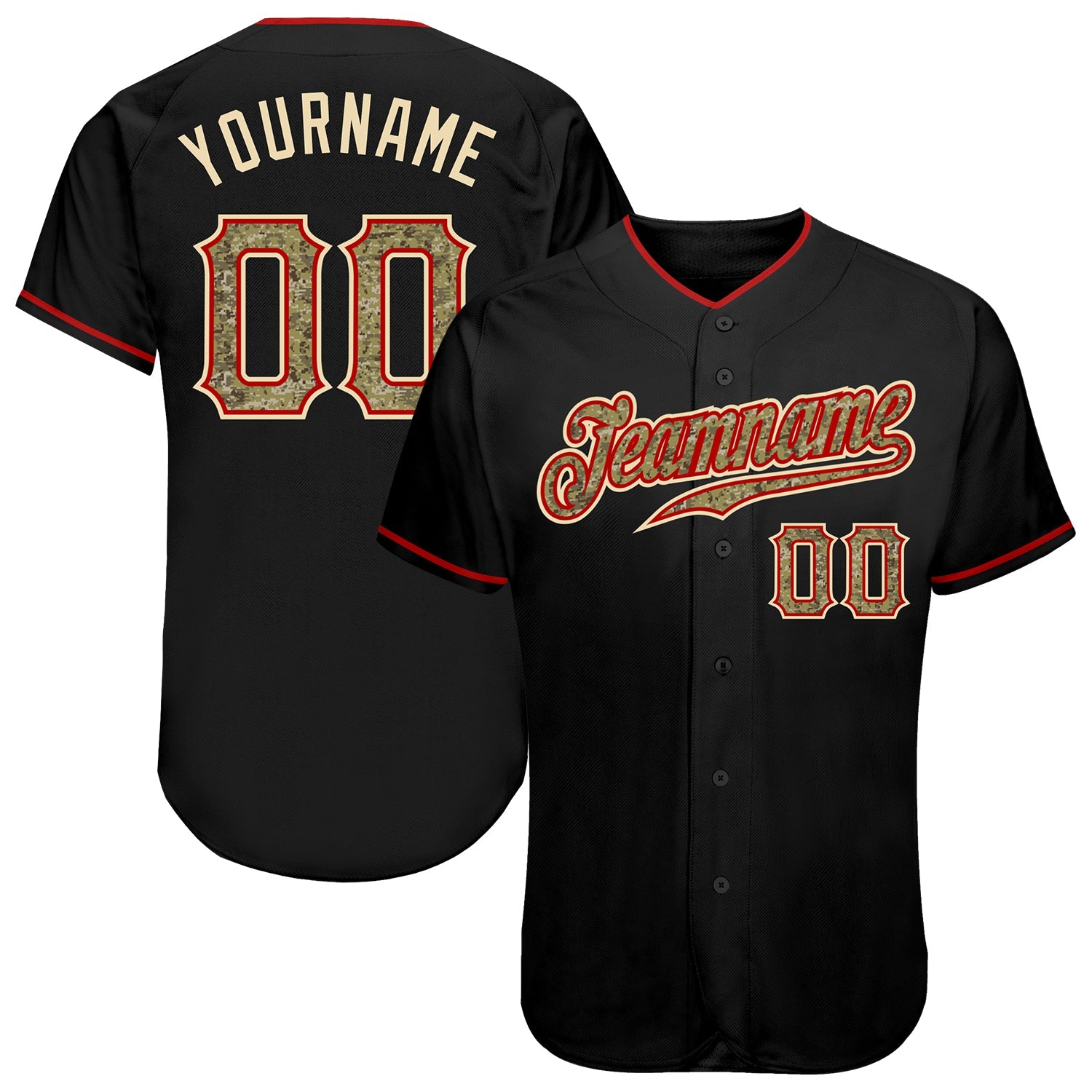 Custom Black Camo-Red Authentic Baseball Jersey - Main View