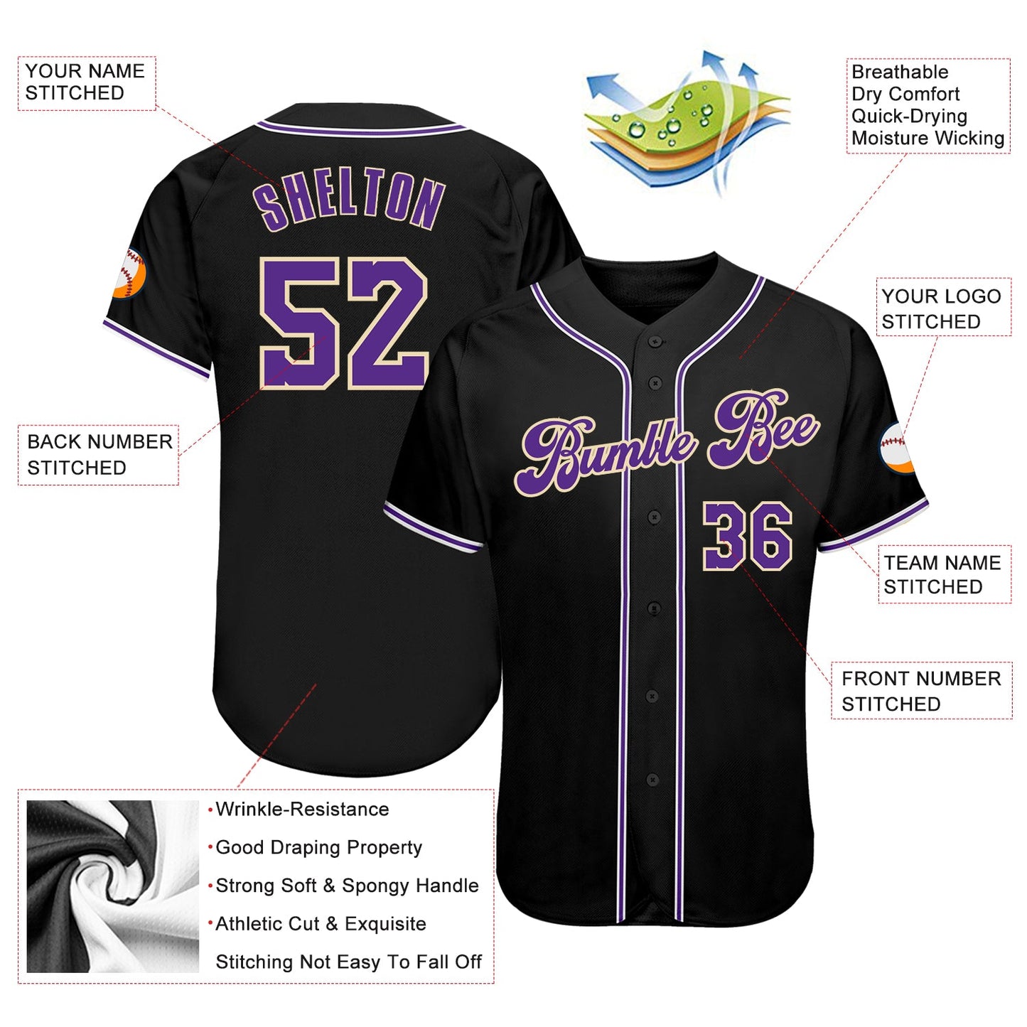 Custom Black Purple-White Authentic Baseball Jersey view 3