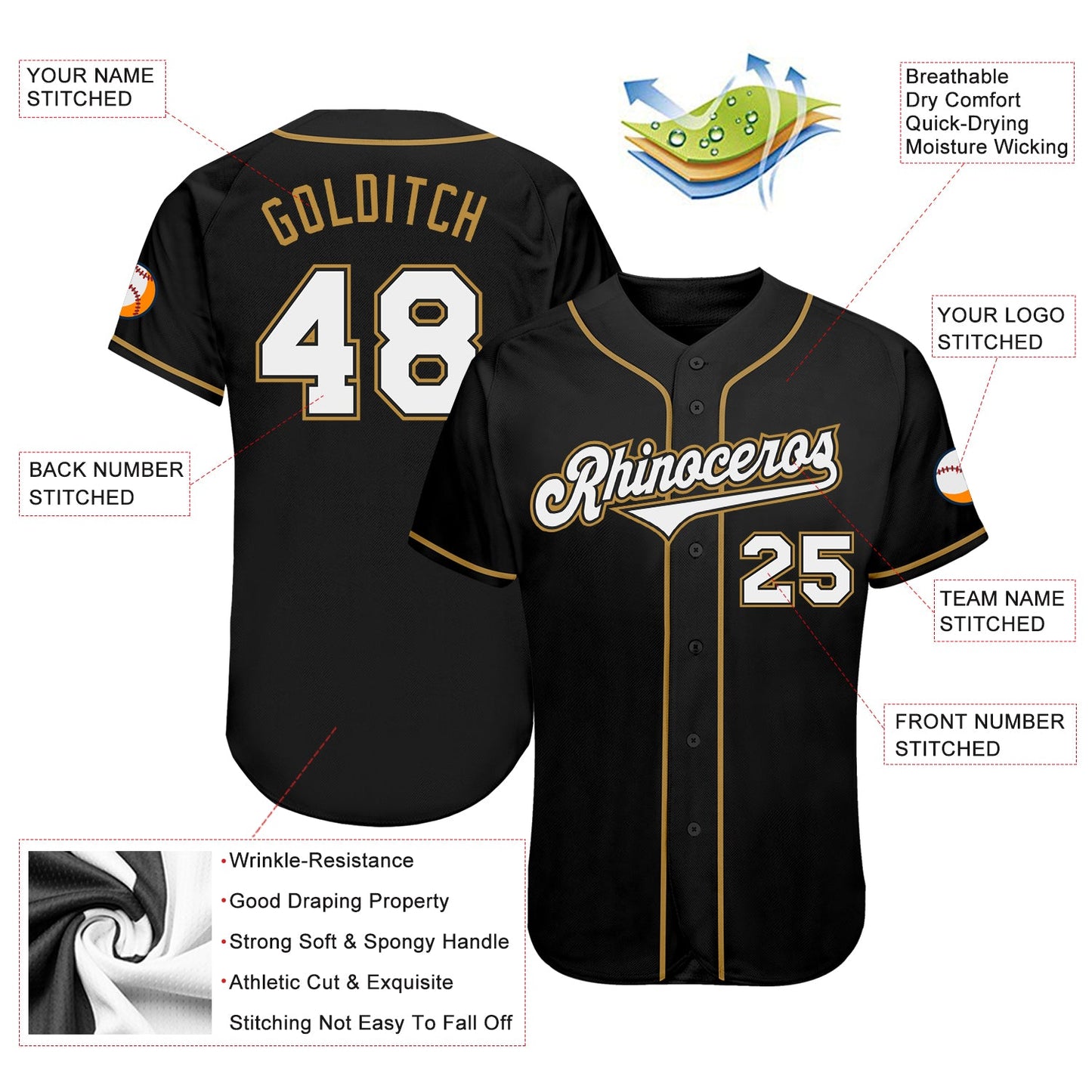 Custom Black White-Old Gold Authentic Baseball Jersey view 3
