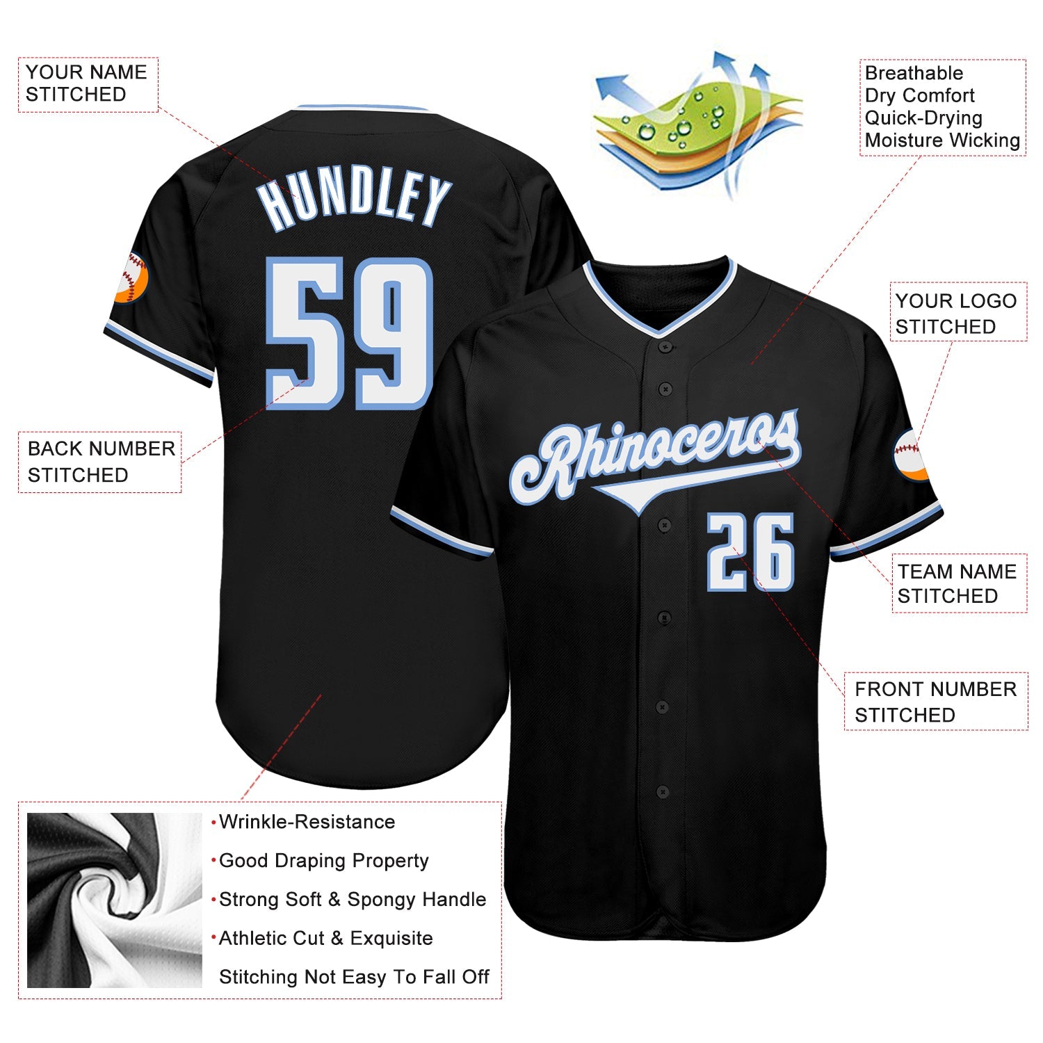Custom Black White-Light Blue Authentic Baseball Jersey view 3