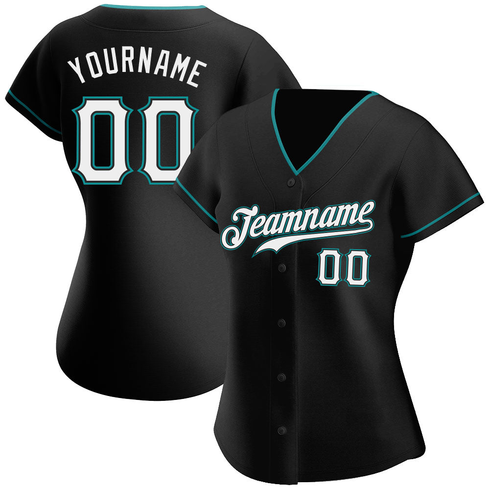Custom Black White-Teal Authentic Baseball Jersey view 2