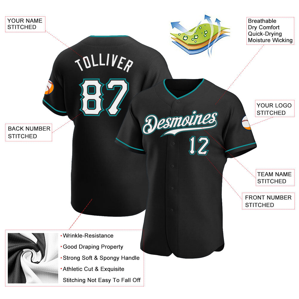 Custom Black White-Teal Authentic Baseball Jersey view 3