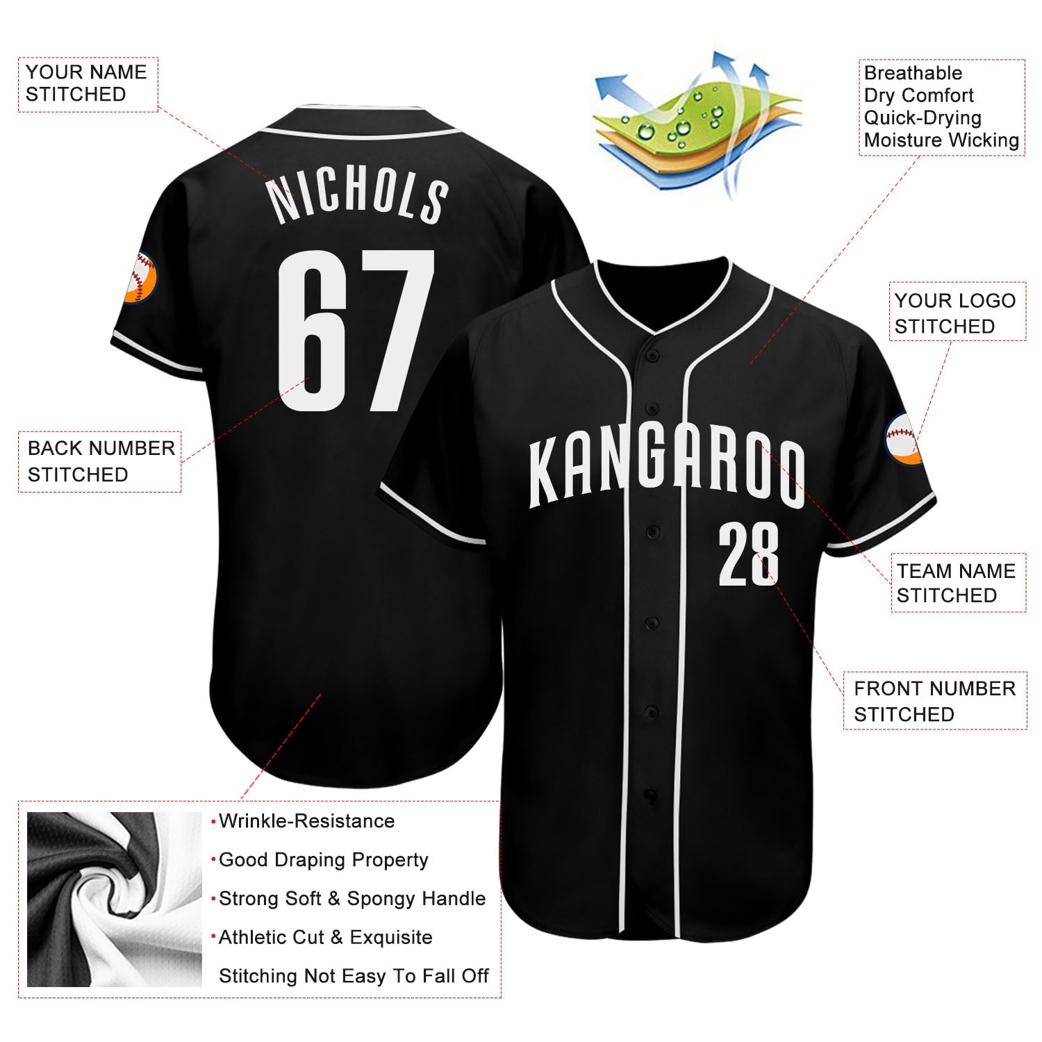 Custom Black White Authentic Baseball Jersey view 3