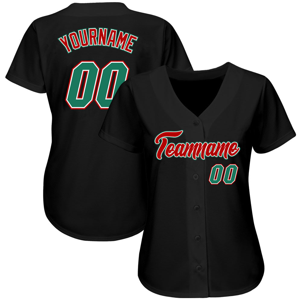 Custom Black Kelly Green-Red Authentic Baseball Jersey view 2