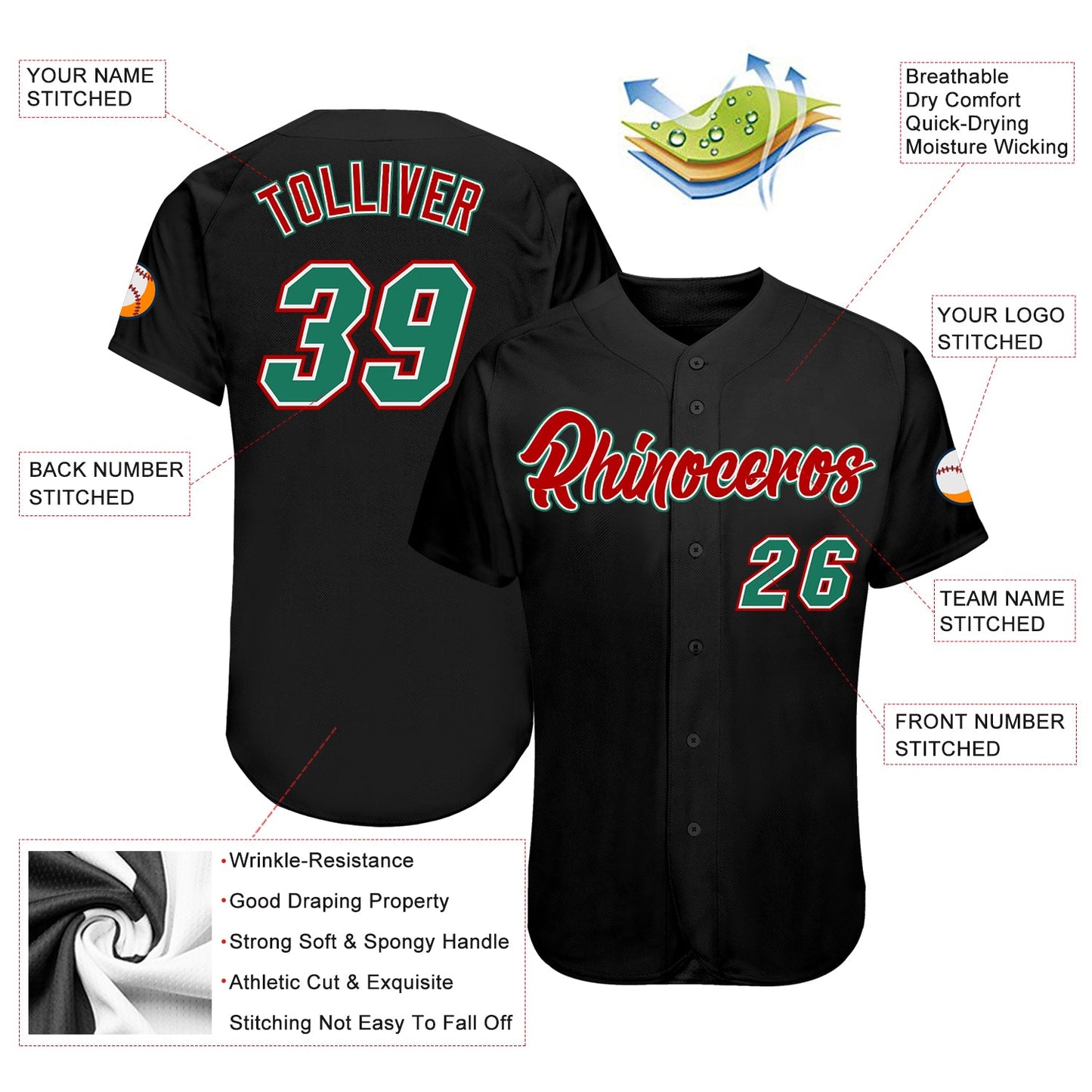 Custom Black Kelly Green-Red Authentic Baseball Jersey view 3