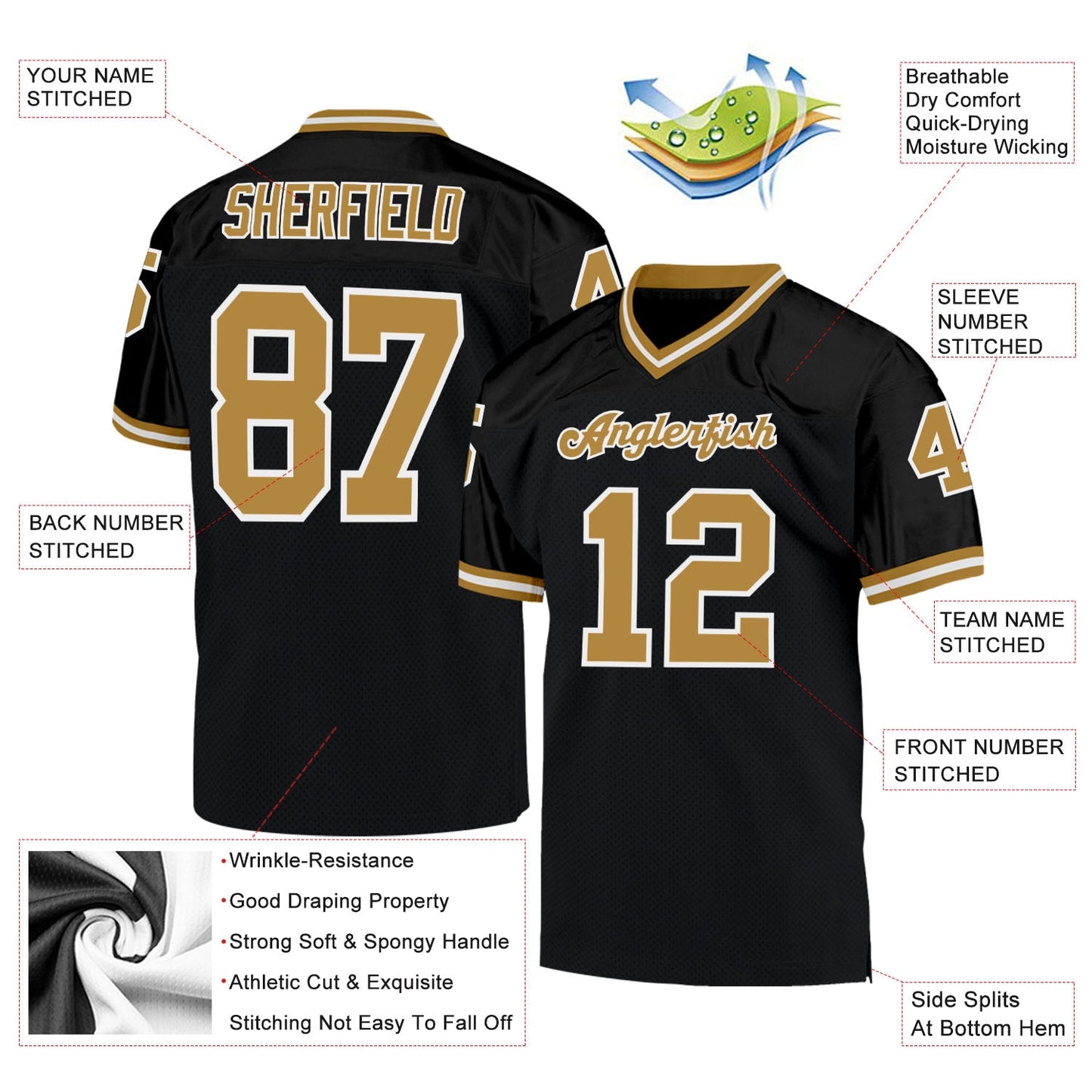 Custom Black Old Gold-White Mesh Authentic Throwback Football Jersey view 4