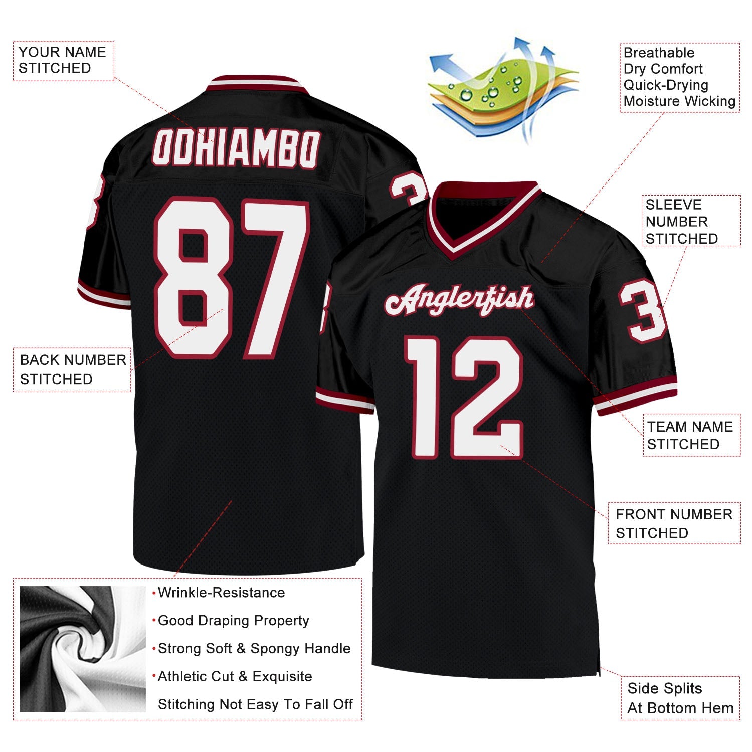 Custom Black White-Cardinal Mesh Authentic Throwback Football Jersey view 4