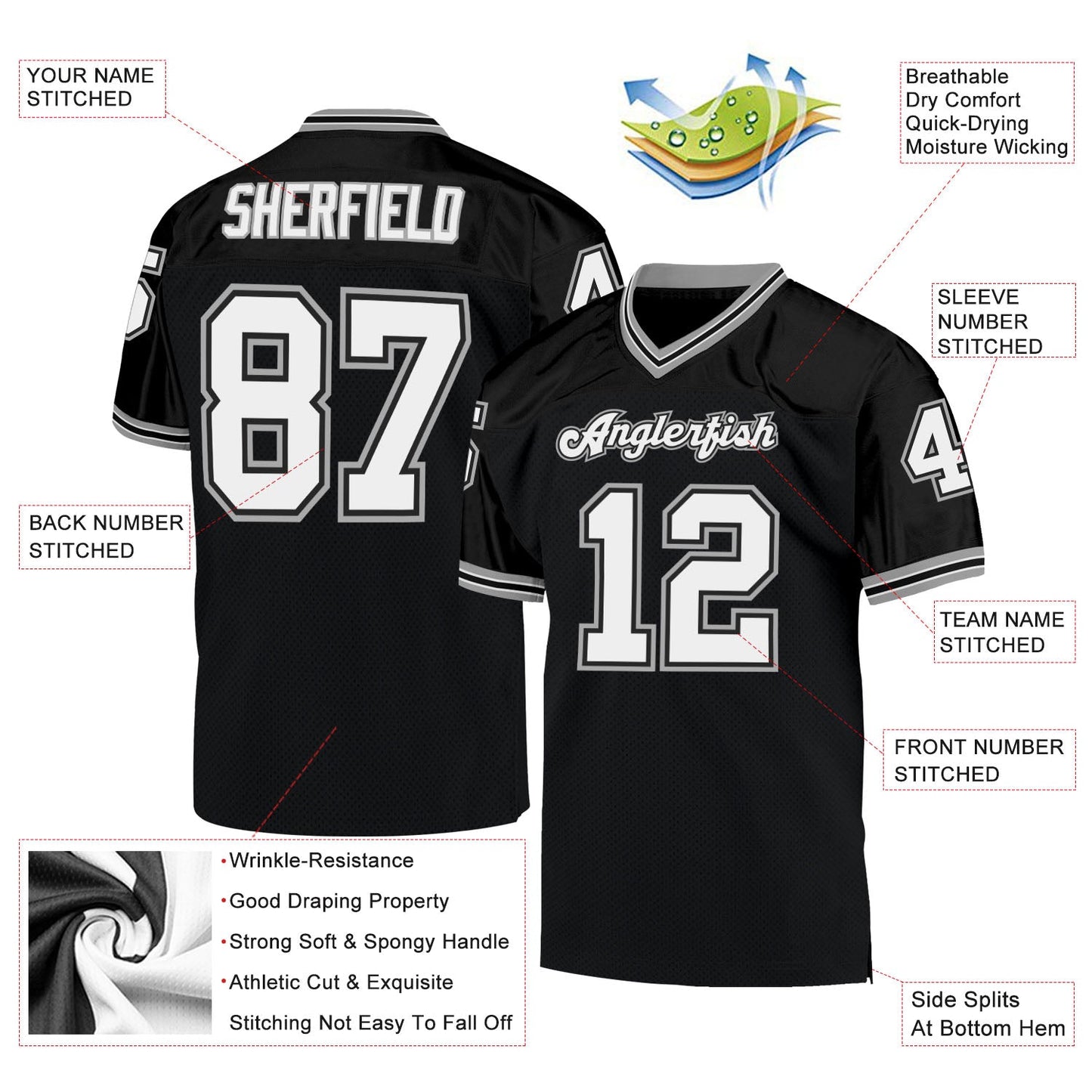 Custom Black White-Gray Mesh Authentic Throwback Football Jersey view 4