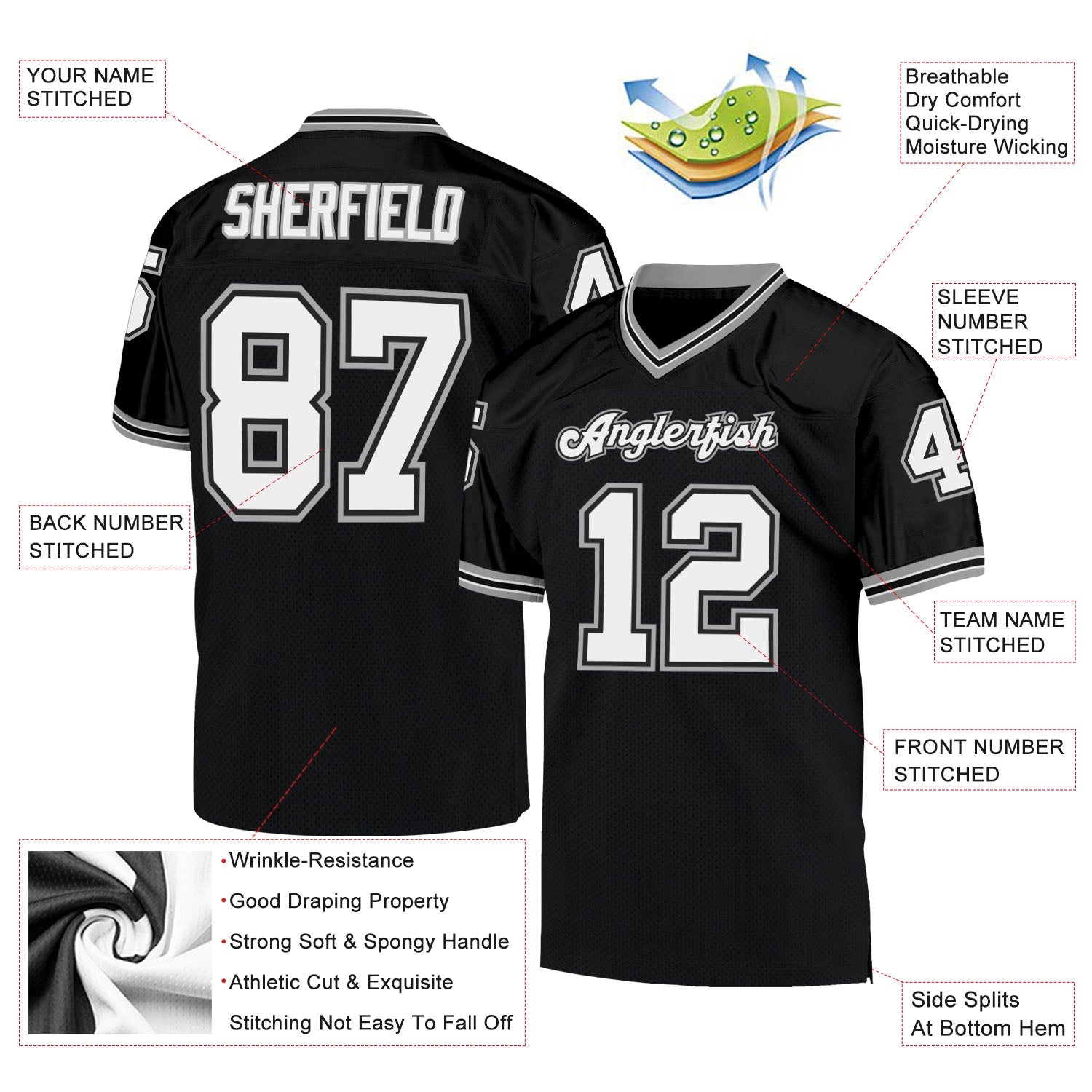 Custom Black White-Gray Mesh Authentic Throwback Football Jersey view 4