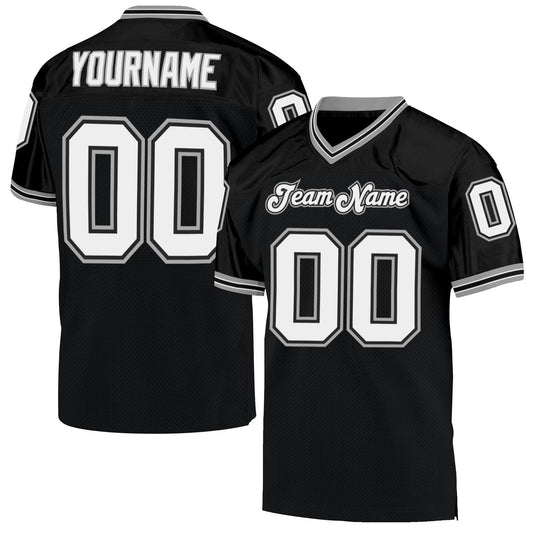 Custom Black White-Gray Mesh Authentic Throwback Football Jersey - Main View