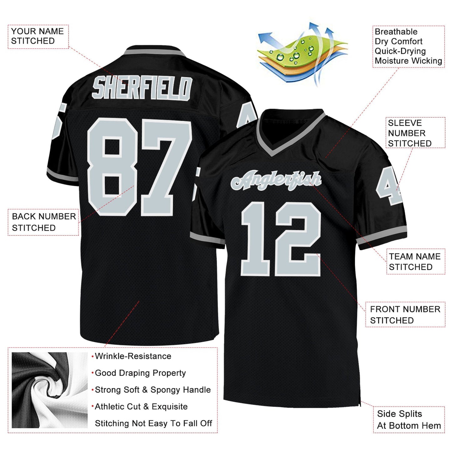 Custom Black Silver-White Mesh Authentic Throwback Football Jersey view 4