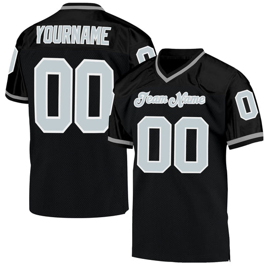 Custom Black Silver-White Mesh Authentic Throwback Football Jersey - Main View