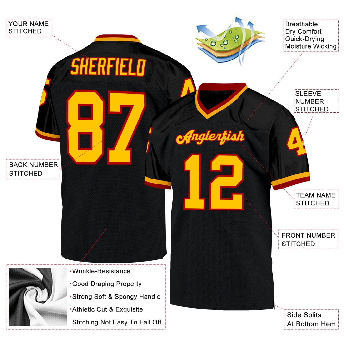 Custom Black Gold-Red Mesh Authentic Throwback Football Jersey view 4