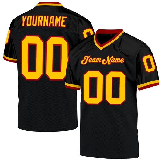 Custom Black Gold-Red Mesh Authentic Throwback Football Jersey - Main View