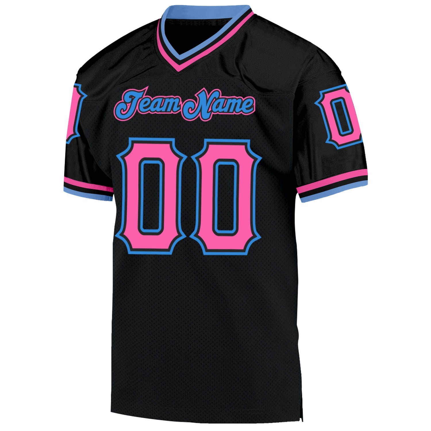 Custom Black Pink-Powder Blue Mesh Authentic Throwback Football Jersey view 2