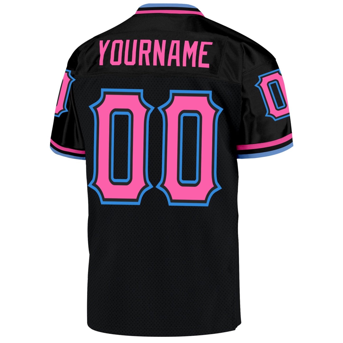 Custom Black Pink-Powder Blue Mesh Authentic Throwback Football Jersey view 3