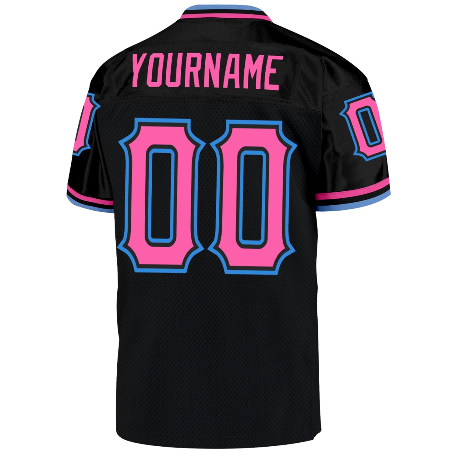 Custom Black Pink-Powder Blue Mesh Authentic Throwback Football Jersey view 3