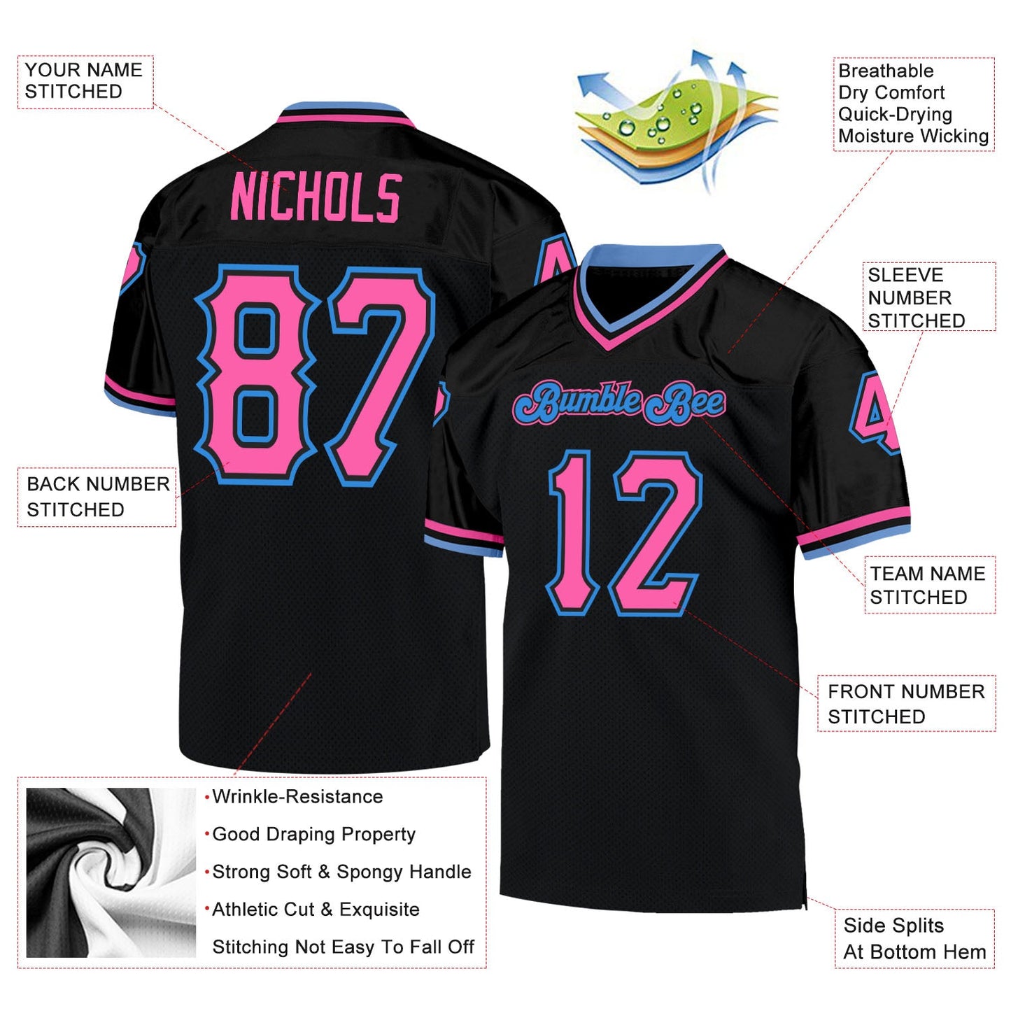 Custom Black Pink-Powder Blue Mesh Authentic Throwback Football Jersey view 4