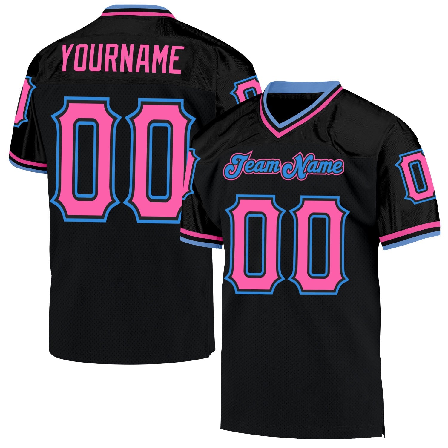 Custom Black Pink-Powder Blue Mesh Authentic Throwback Football Jersey - Main View