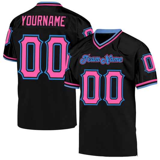 Custom Black Pink-Powder Blue Mesh Authentic Throwback Football Jersey - Main View