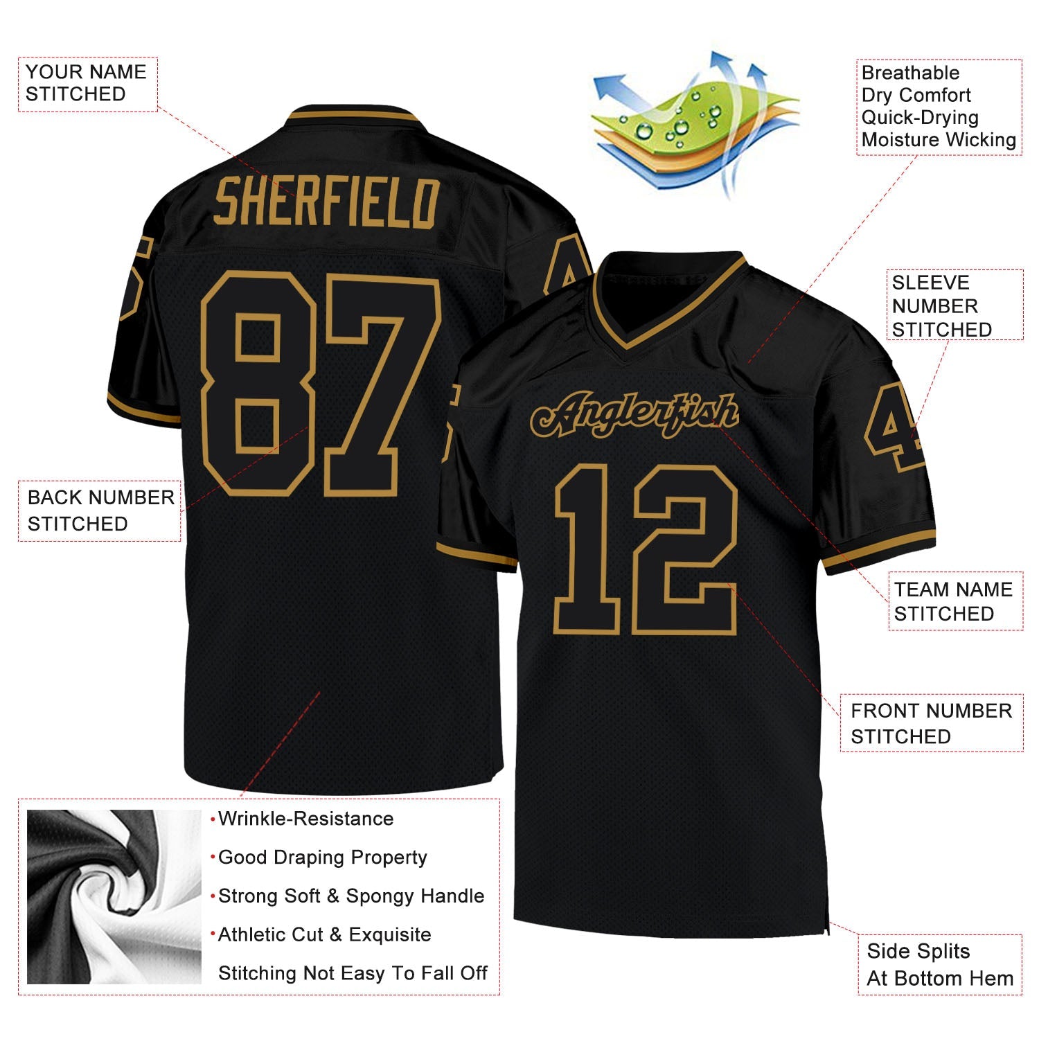 Custom Black Black-Old Gold Mesh Authentic Throwback Football Jersey view 4