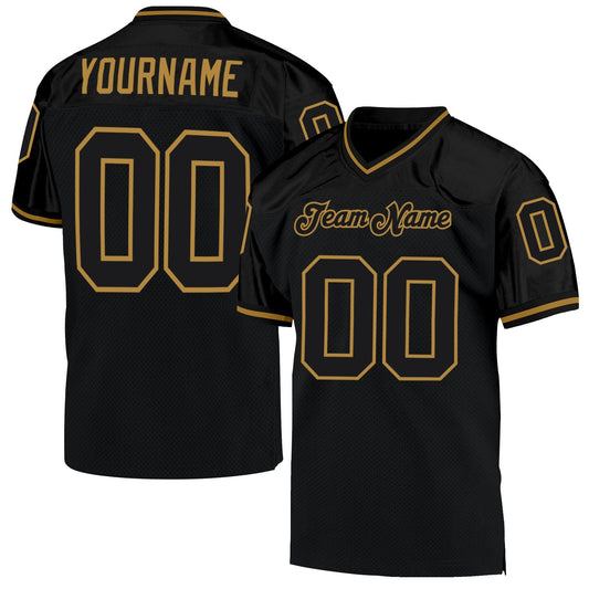 Custom Black Black-Old Gold Mesh Authentic Throwback Football Jersey - Main View
