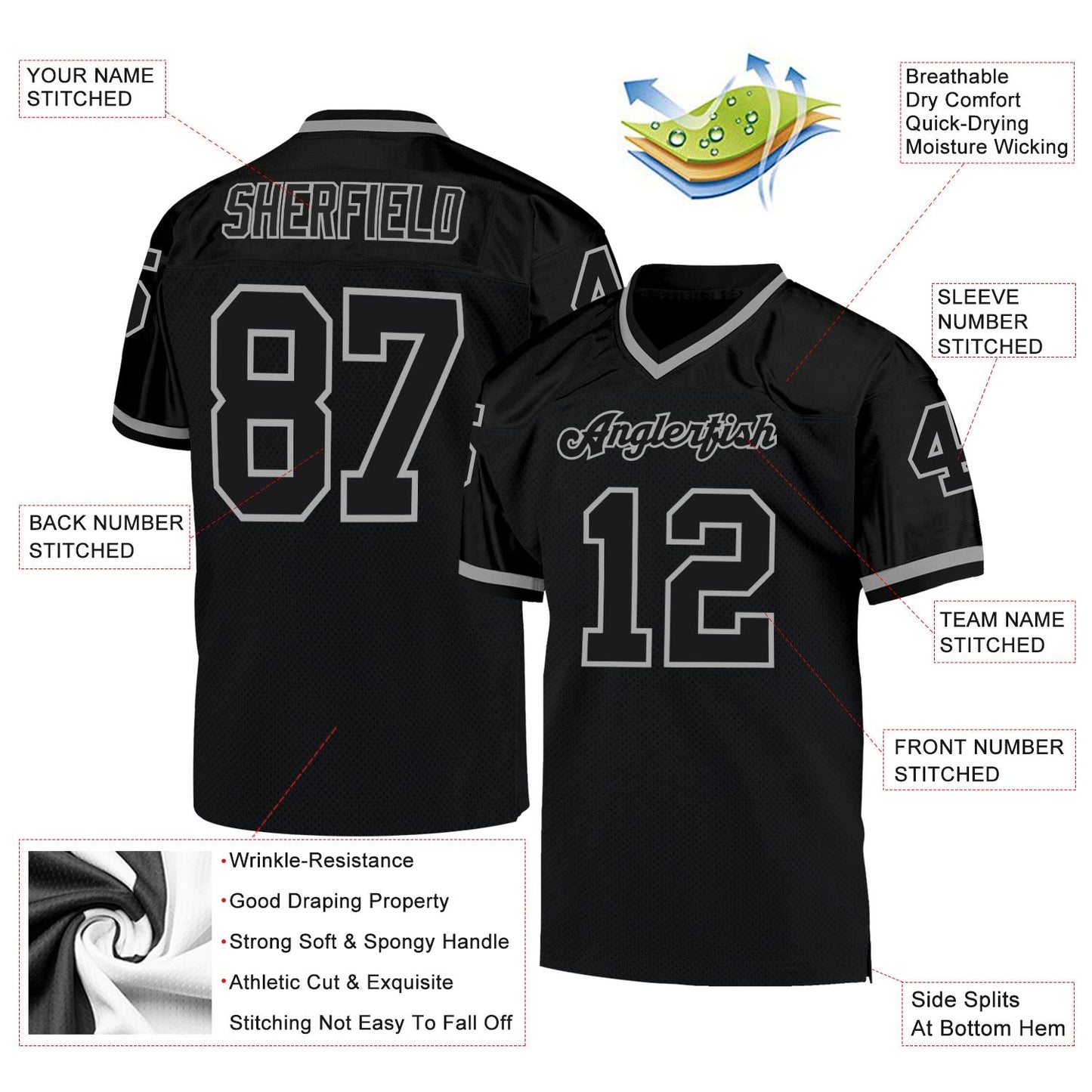 Custom Black Black-Gray Mesh Authentic Throwback Football Jersey view 4