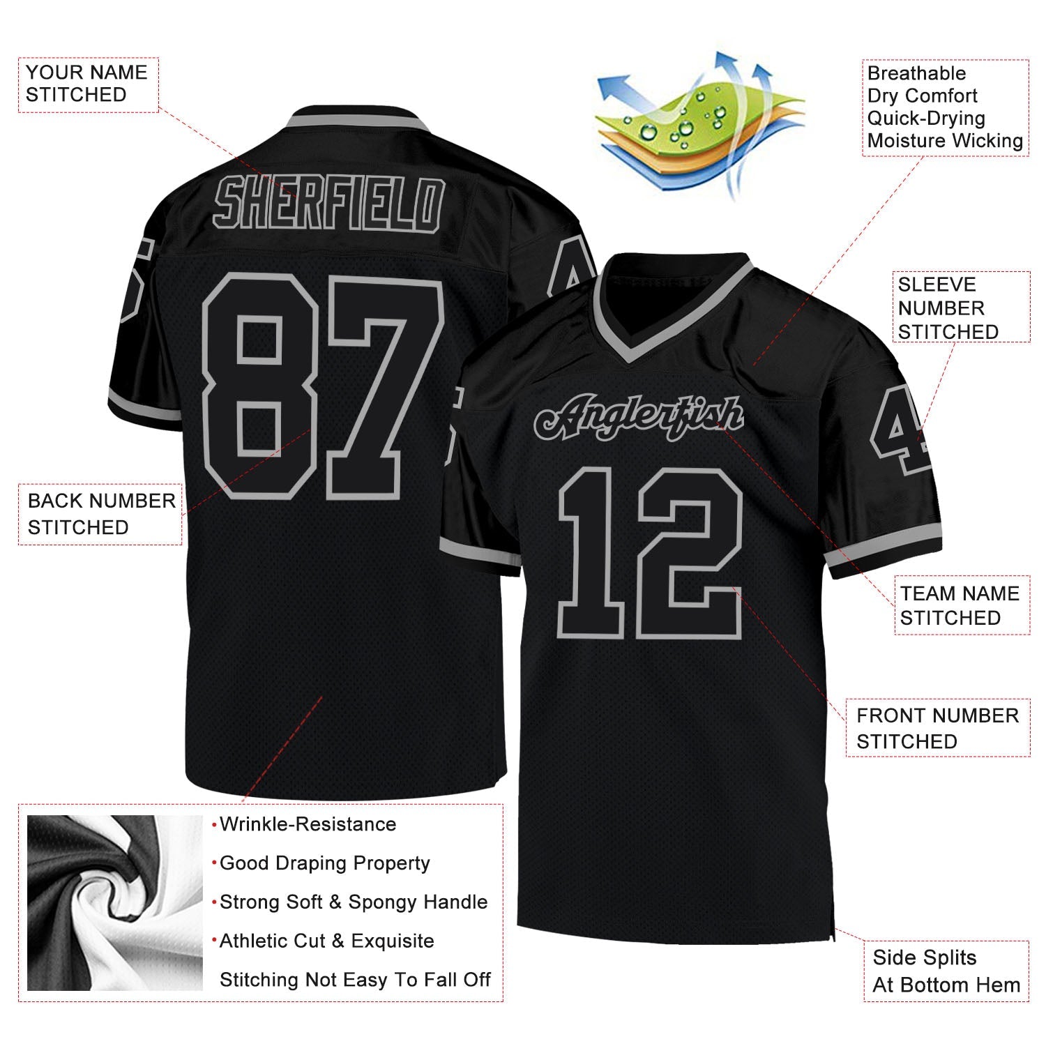Custom Black Black-Gray Mesh Authentic Throwback Football Jersey view 4