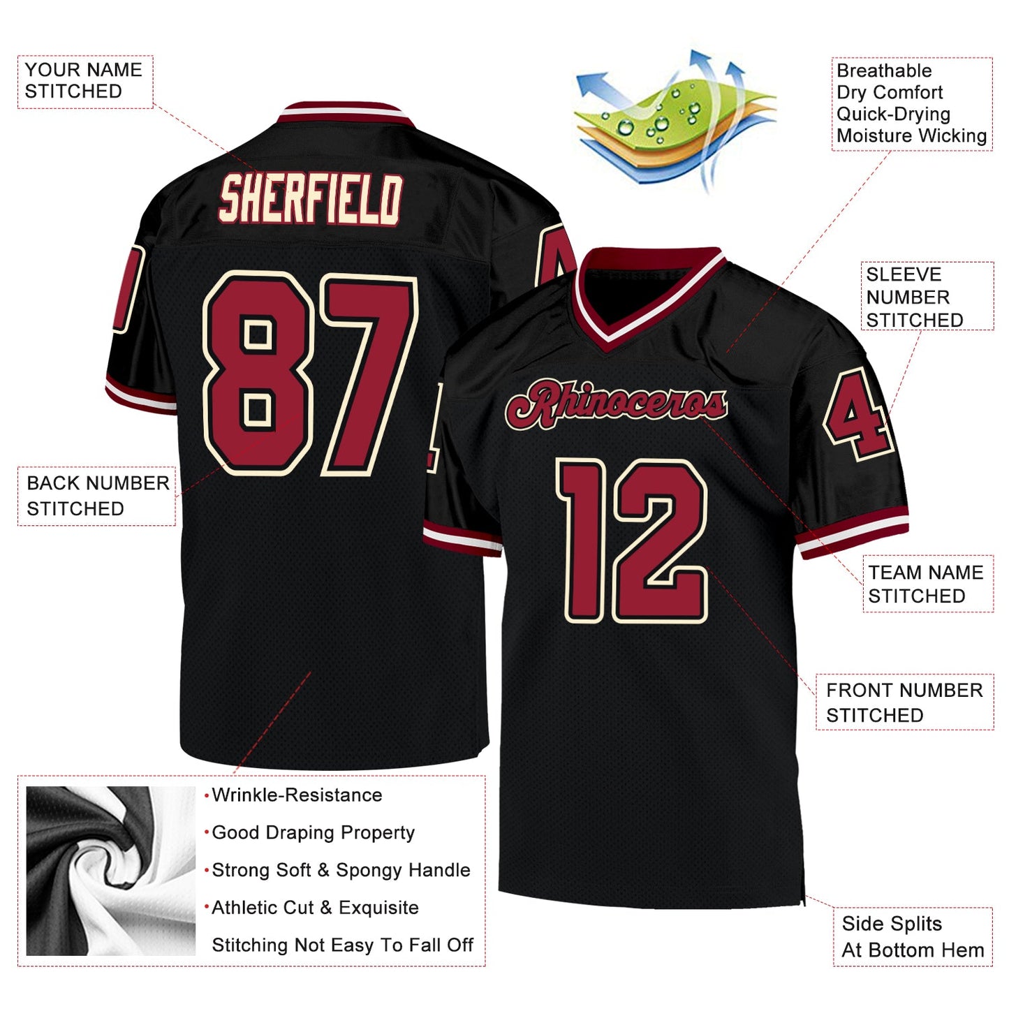 Custom Black Cardinal-Cream Mesh Authentic Throwback Football Jersey view 4
