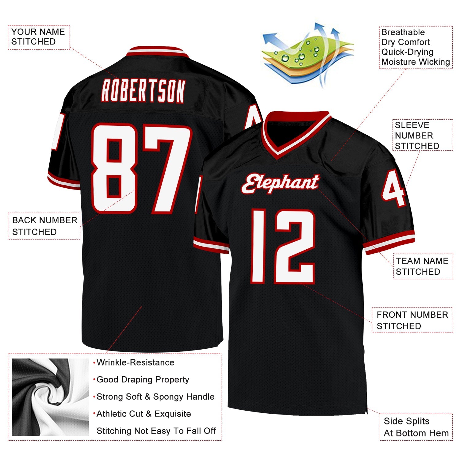 Custom Black White-Red Mesh Authentic Throwback Football Jersey view 4