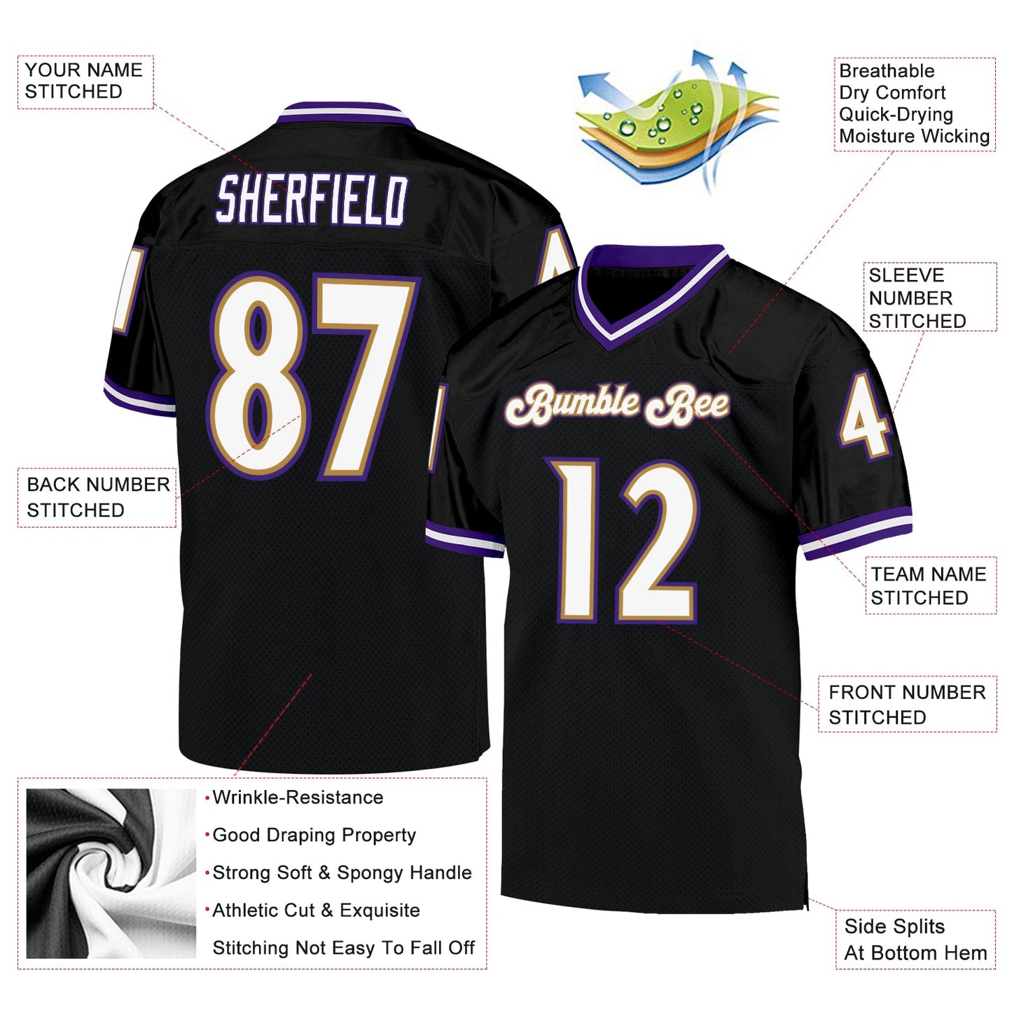 Custom Black White-Purple Mesh Authentic Throwback Football Jersey view 4