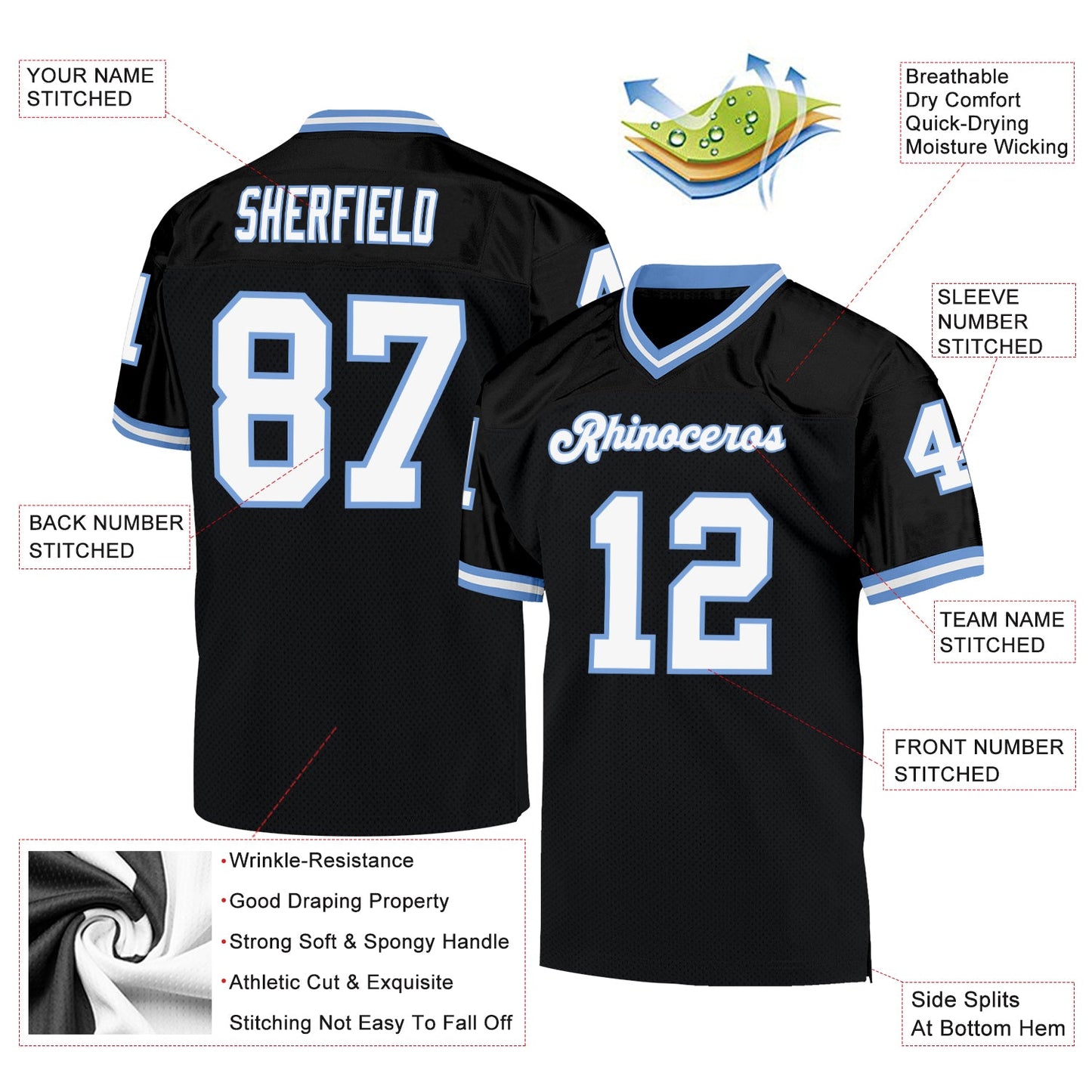 Custom Black White-Light Blue Mesh Authentic Throwback Football Jersey view 4