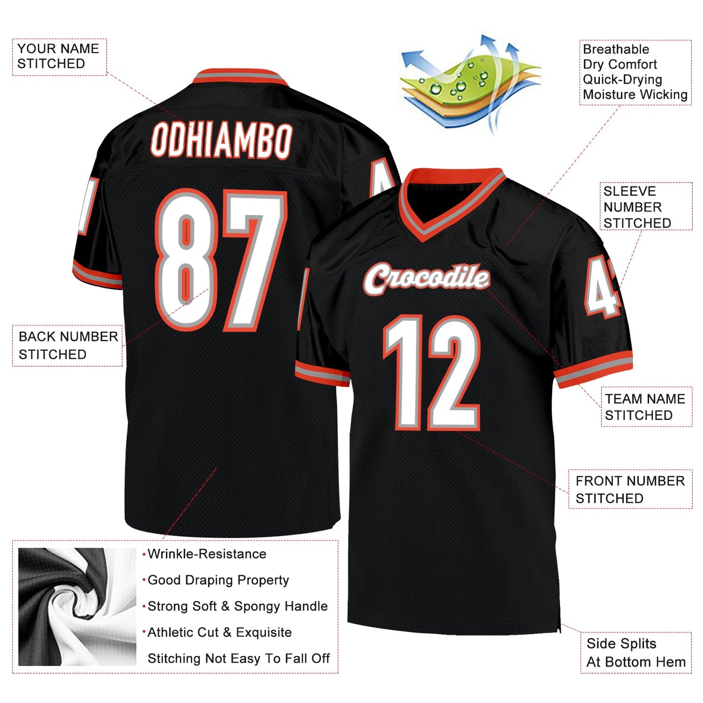 Custom Black White-Orange Mesh Authentic Throwback Football Jersey view 4