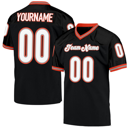 Custom Black White-Orange Mesh Authentic Throwback Football Jersey - Main View