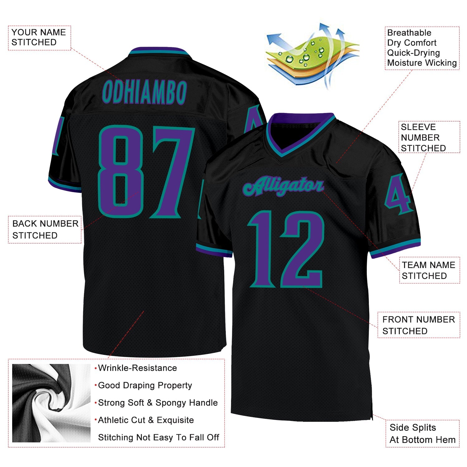 Custom Black Purple-Aqua Mesh Authentic Throwback Football Jersey view 4