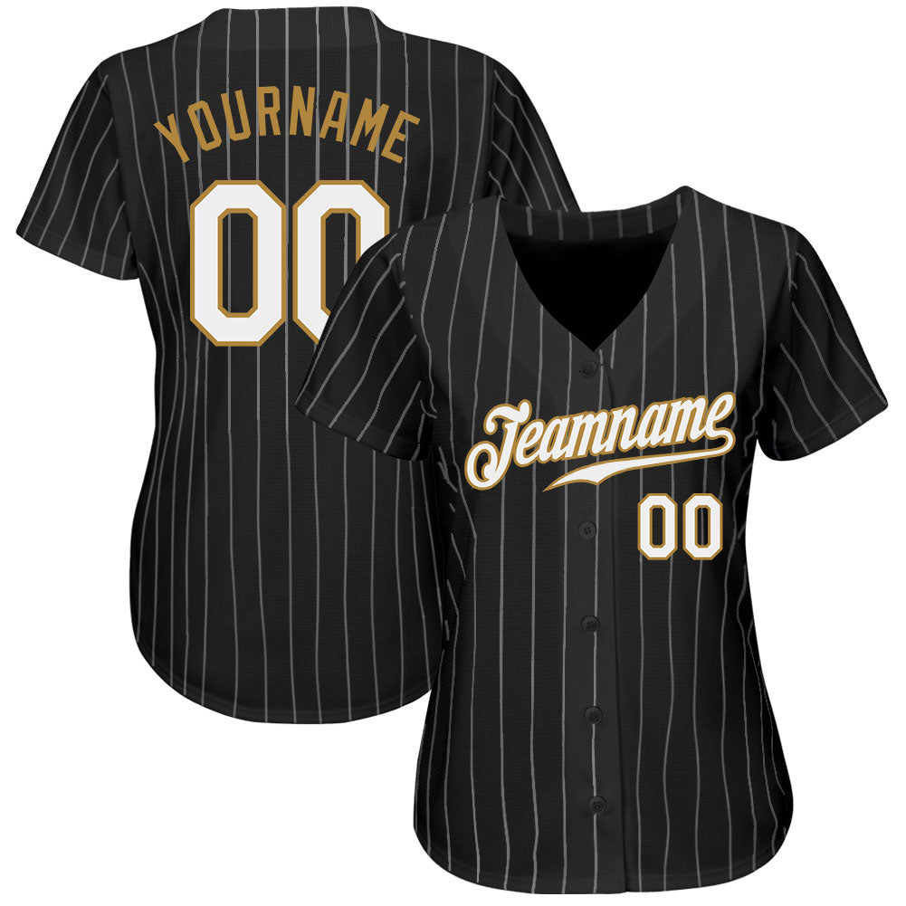 Custom Black White Pinstripe White-Old Gold Authentic Baseball Jersey view 2