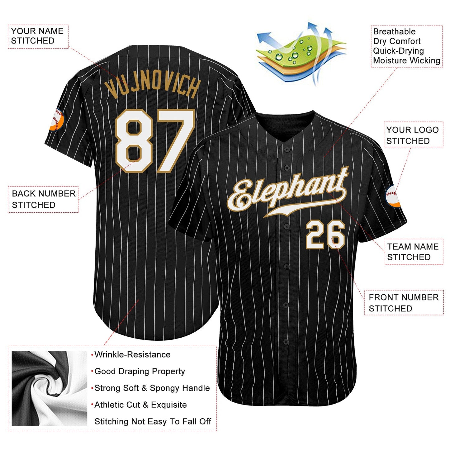 Custom Black White Pinstripe White-Old Gold Authentic Baseball Jersey view 3