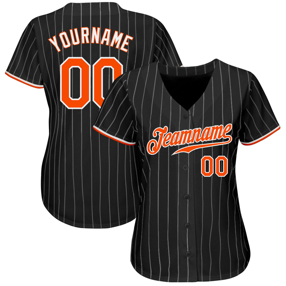 Custom Black White Pinstripe Orange-White Authentic Baseball Jersey view 2