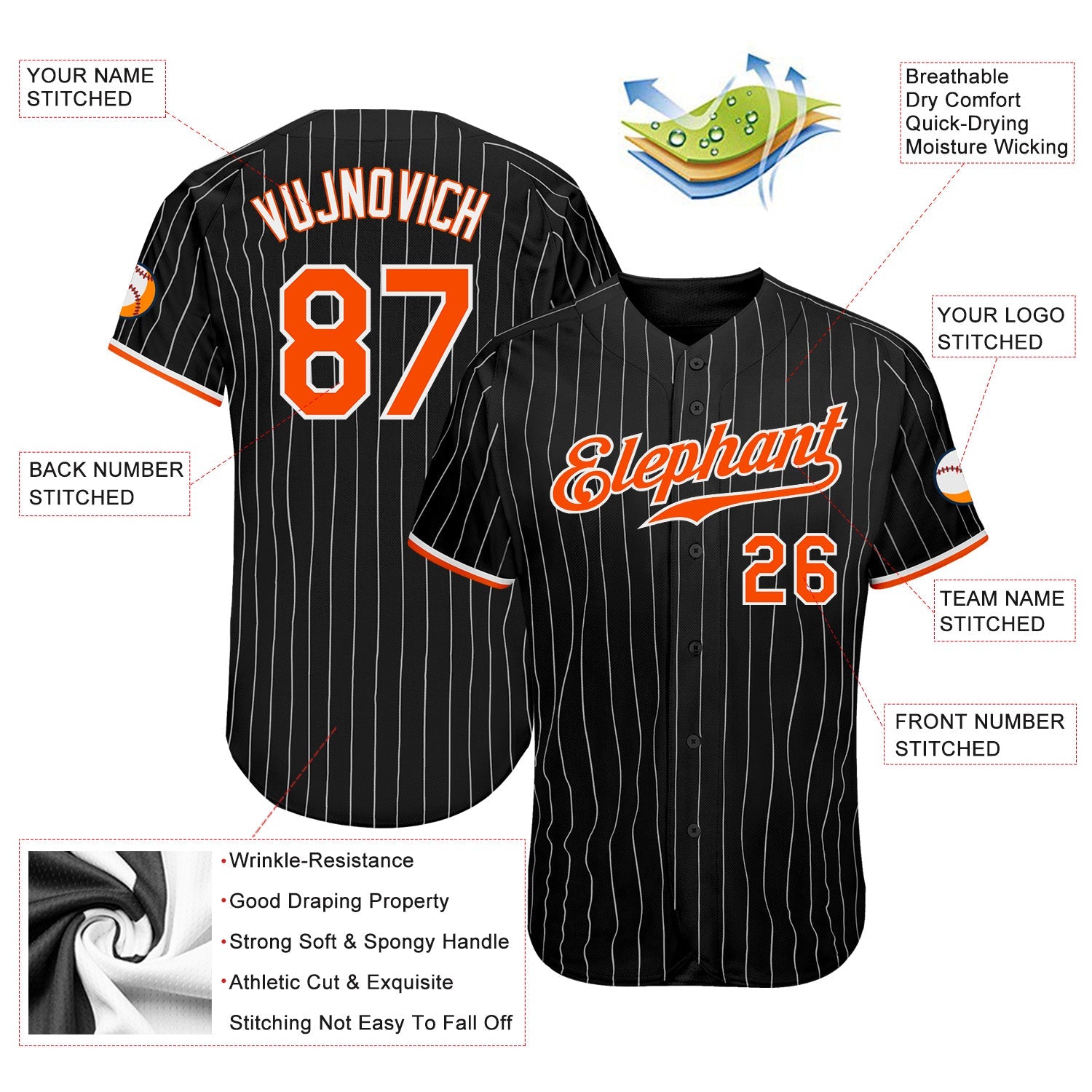 Custom Black White Pinstripe Orange-White Authentic Baseball Jersey view 3
