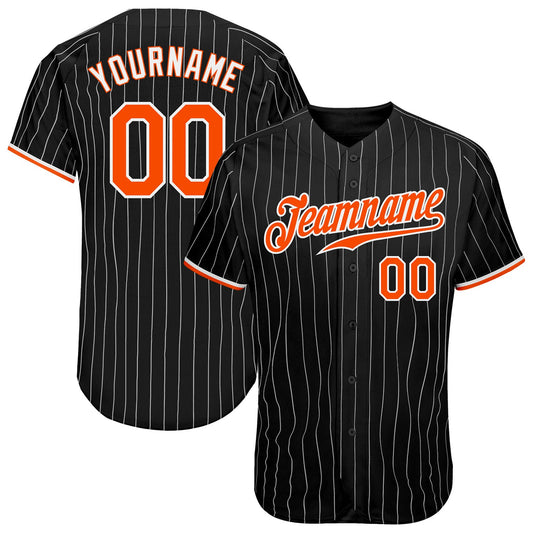 Custom Black White Pinstripe Orange-White Authentic Baseball Jersey - Main View