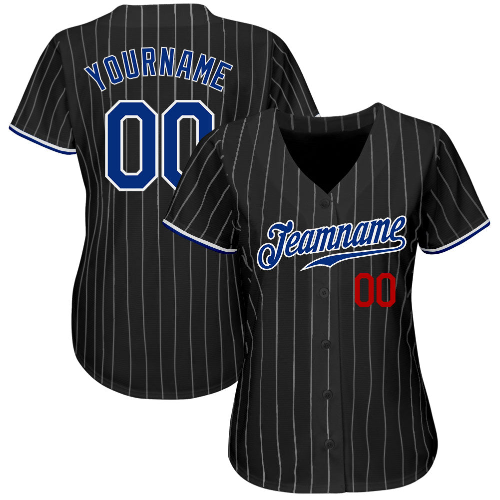 Custom Black White Pinstripe Royal-Red Authentic Baseball Jersey view 2