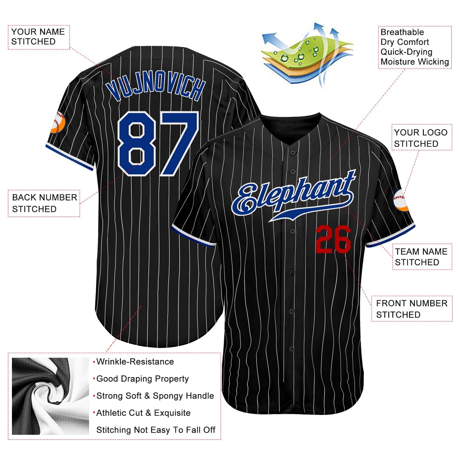 Custom Black White Pinstripe Royal-Red Authentic Baseball Jersey view 3