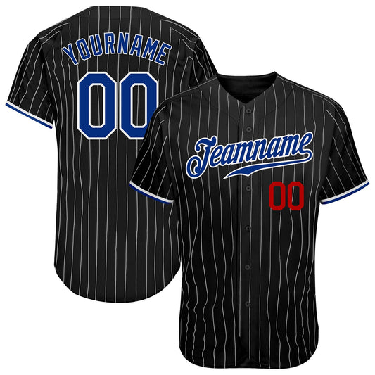 Custom Black White Pinstripe Royal-Red Authentic Baseball Jersey - Main View