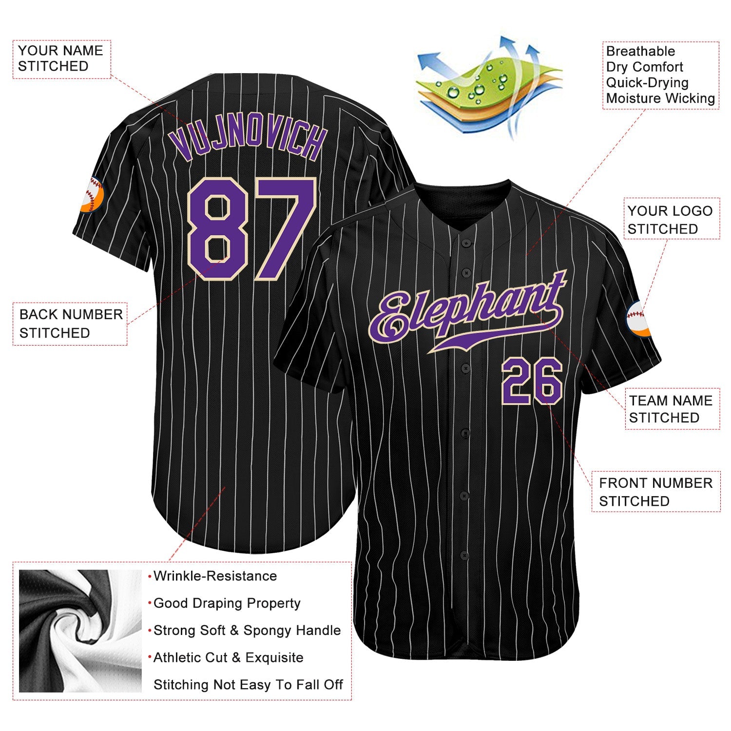 Custom Black White Pinstripe Purple-White Authentic Baseball Jersey view 3