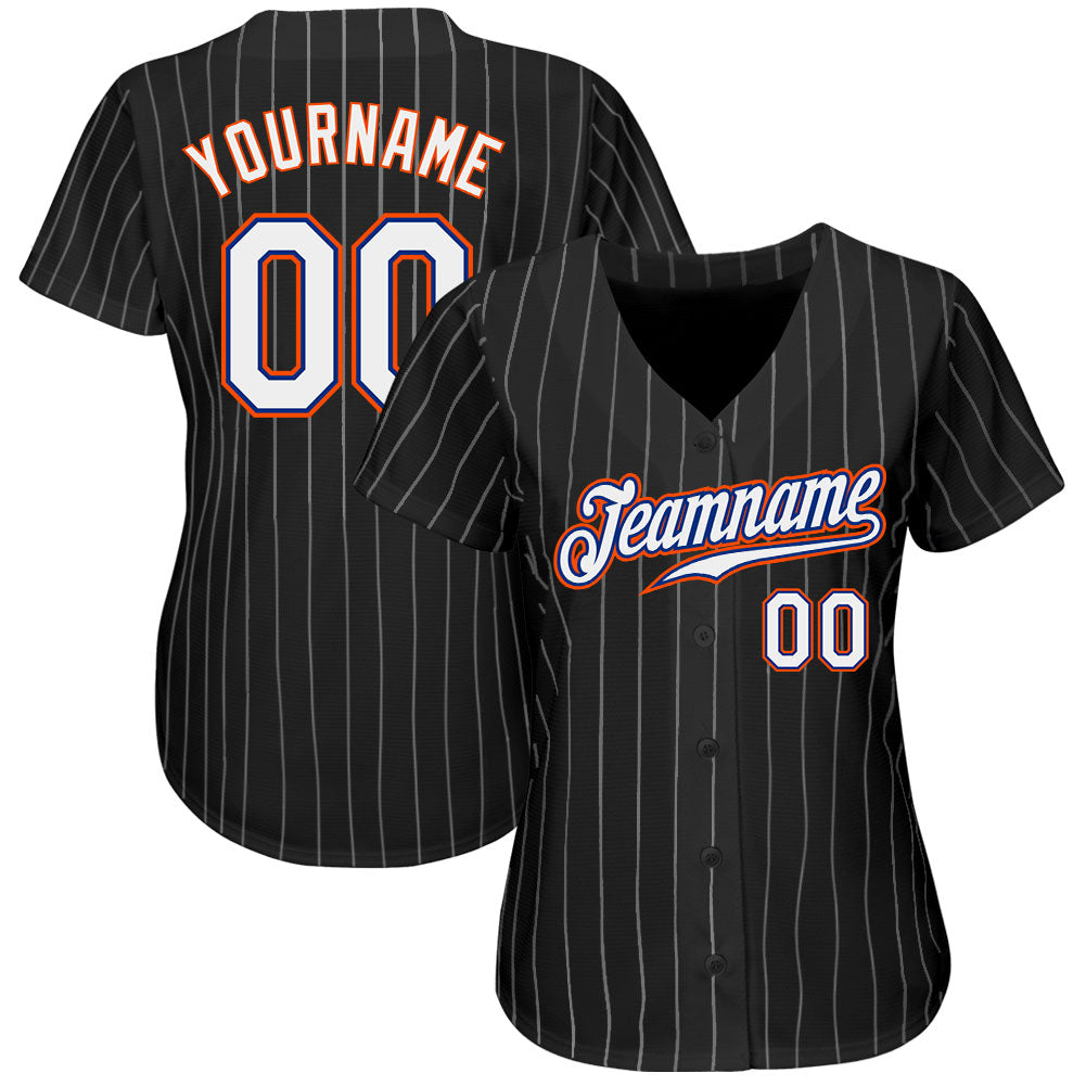 Custom Black White Pinstripe White-Orange Authentic Baseball Jersey view 2