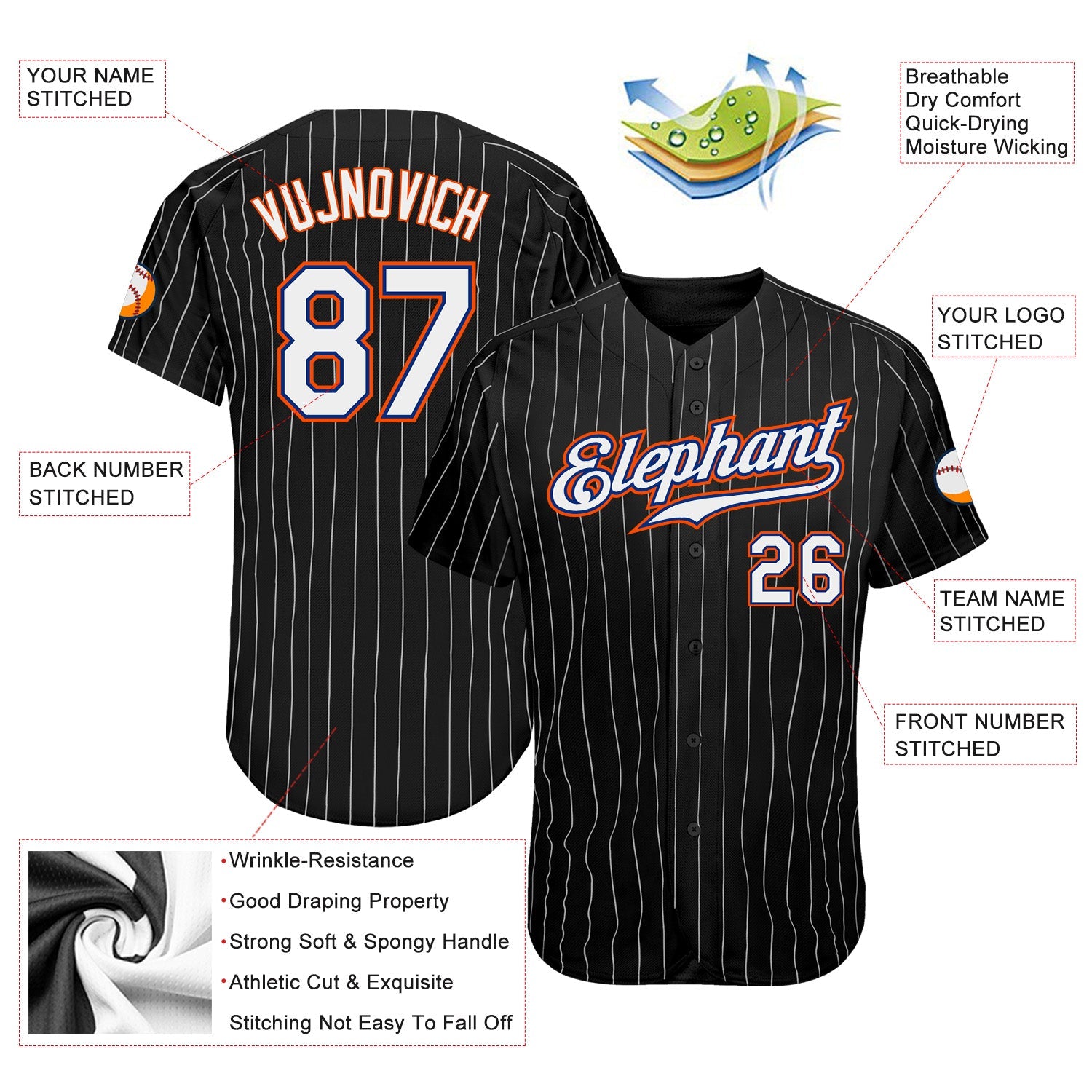 Custom Black White Pinstripe White-Orange Authentic Baseball Jersey view 3