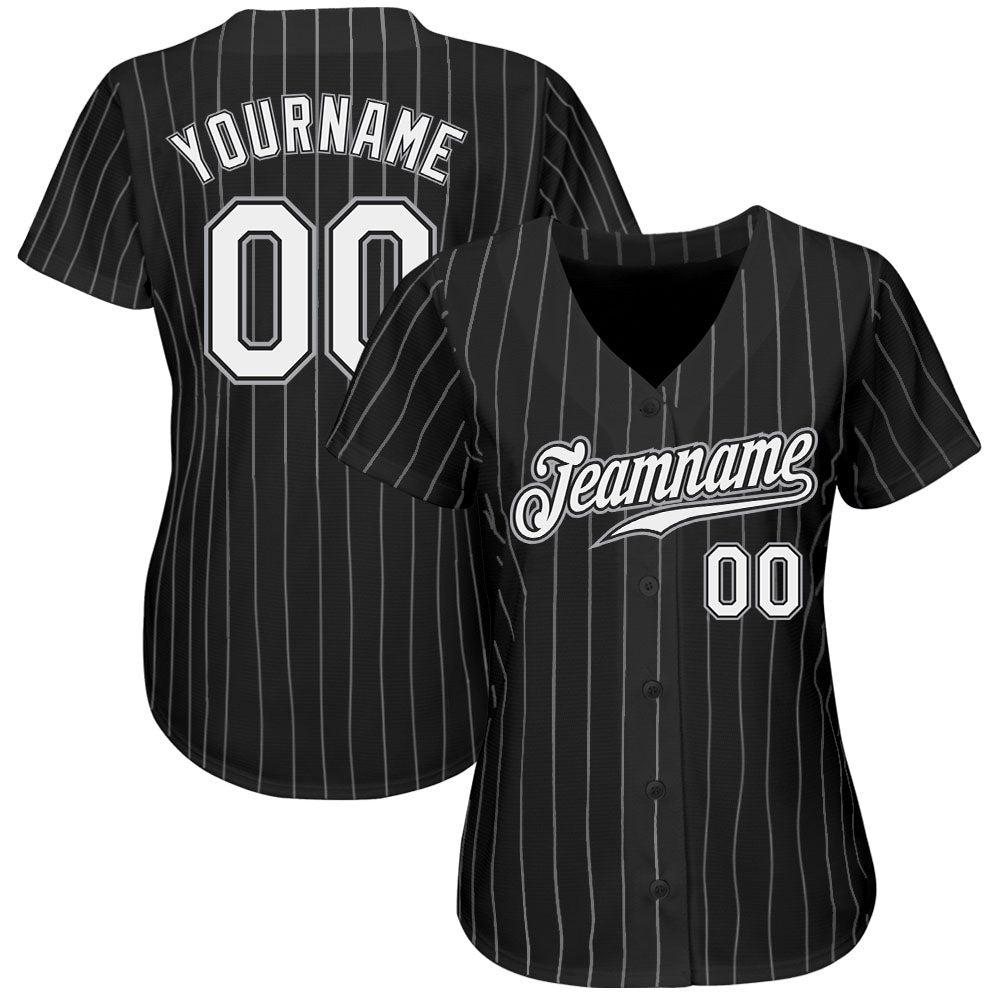 Custom Black White Pinstripe White-Gray Authentic Baseball Jersey view 2