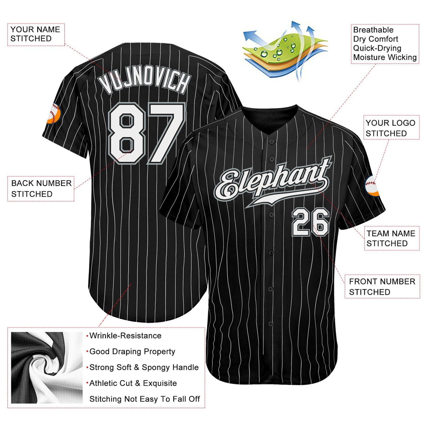 Custom Black White Pinstripe White-Gray Authentic Baseball Jersey view 3