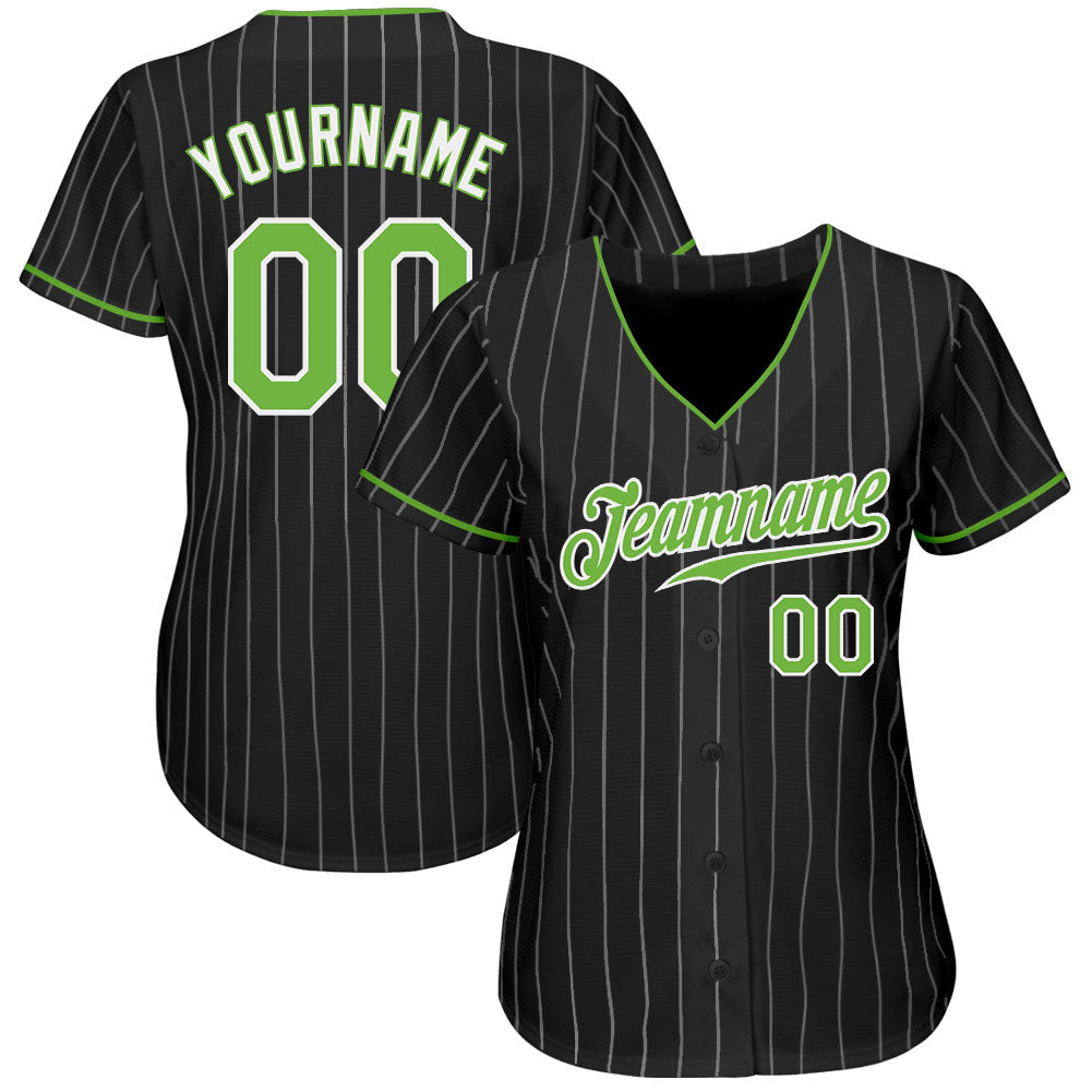 Custom Black White Pinstripe Neon Green-White Authentic Baseball Jersey view 2