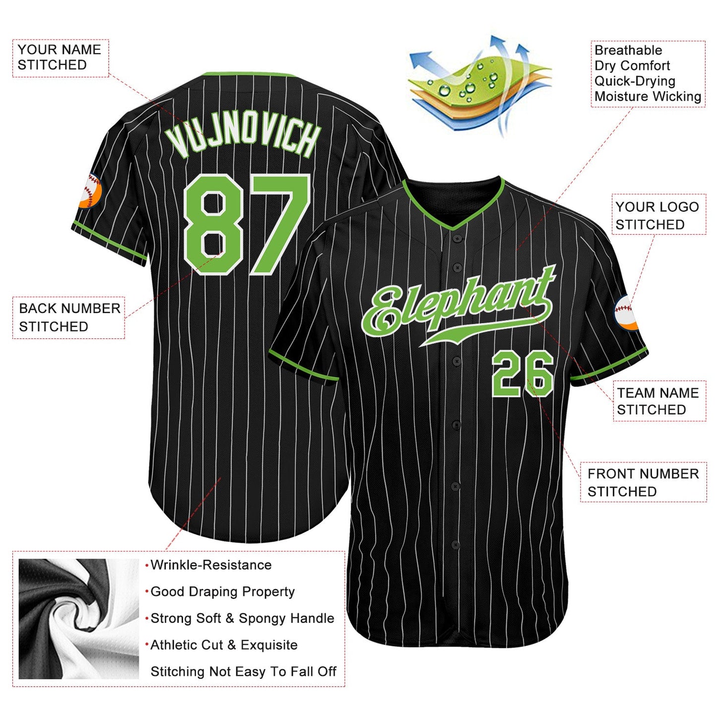 Custom Black White Pinstripe Neon Green-White Authentic Baseball Jersey view 3